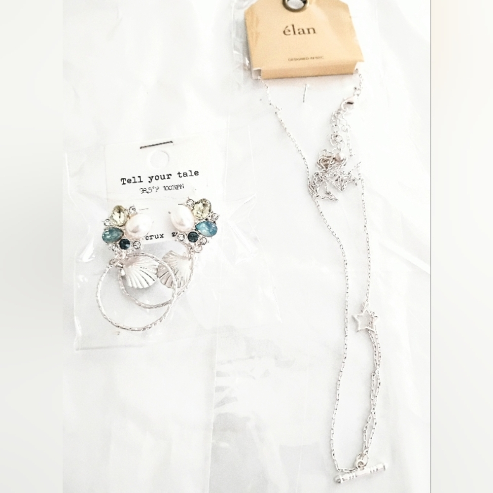 Silver-Tone Blue & White Shell Earrings and Necklace Set